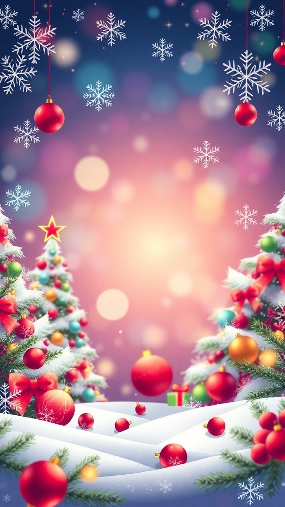 A cheerful Christmas background vector with snowflakes, trees, and ornaments.